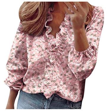 Imagem de Mercatoo Camisas femininas com botões, camiseta estampada, gola V, lisa, elegante, manga de verão, com babados, rosa, GG
