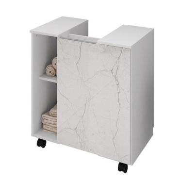 Imagem de Gabinete Para Banheiro 55cm 1 Porta Com Rodízios Pequin Branco/Carrara