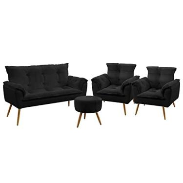 Imagem de Kit Poltrona Namoradeira e 2 Poltronas Decorativas Estofada Para Sala De Estar Beta Puff Solar Sued Preto Aradecor