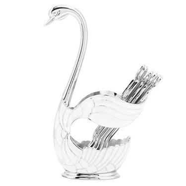 Imagem de Conjunto de colher de jantar de sobremesa de café, colher de chá talheres de sobremesa de frutas suporte base de cisne organizador de colher de café de metal com 6 colheres de sorvete(Silver)