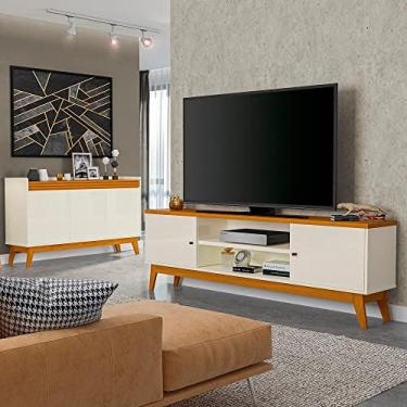 Imagem de VIA NOSSA - Conjunto Sala de Estar Buffet Ripado Rack 2 Portas 180cm Cor:off White/cedro