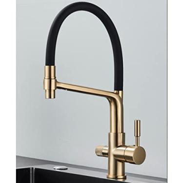 Imagem de Filtro Torneira de Cozinha Bico Duplo Preto Torneira de Água Potável Misturador Rotação de 360 Graus Purificação de Água Quente Fria Torneira, Ouro Rebarbado