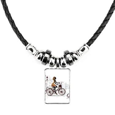 Imagem de DIYthinker Colar Bicycle Lady France com estampa de ilustração, joias, torque, pingente de corda de couro