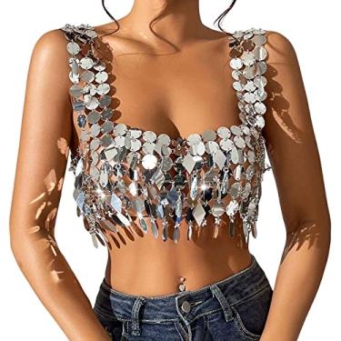 Imagem de Top cropped com lantejoulas e frente única Bralette Roupa de dança Roupa brilhante Y2K Sutiã Camisola Cami Top para festa de clube Rave Dia, Forma Quadrilátera