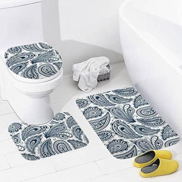Imagem de Conjunto de 3 peças de tapetes de banheiro com estampa tribal paisley, tapete de banheiro lavável antiderrapante, tapete de contorno e tampa para banheiro