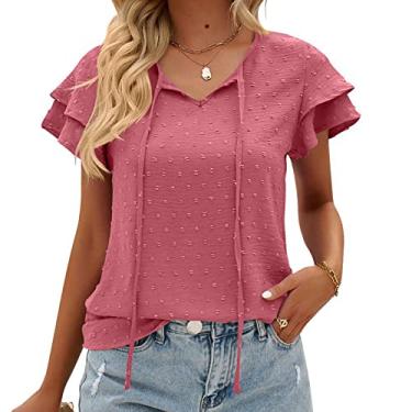 Imagem de Camisetas casuais femininas, gola redonda, manga curta, camisa de manga curta com babados pulôver blusa de verão, rosa, GG (busto: 114 cm)