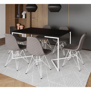 Imagem de Mesa Jantar Industrial Preta Base V 137x90cm C/ 6 Cadeiras Estofadas Grafite Eiffel Aço Branco