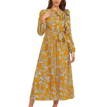 Imagem de UIFLQXX Vestido de coquetel feminino de comprimento médio plissado manga longa floral vestido vintage vestido feminino maxi vestidos, Amarelo, G