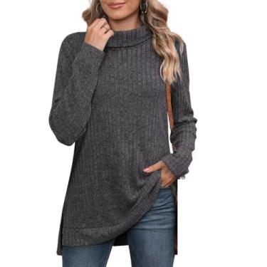 Imagem de Suéter feminino de gola rolê manga longa outono inverno tricotado solto suéter suéter suéter de cor sólida dividido grandes, Cinza escuro, P
