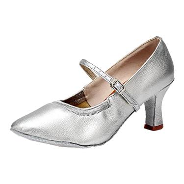Imagem de Sapatos de dança femininos 7 cm salto alto moderno sapatos de dança interior dança de salão sapatos de dança quadrados sapatos de dança salto nacional baixo, Prata, 7
