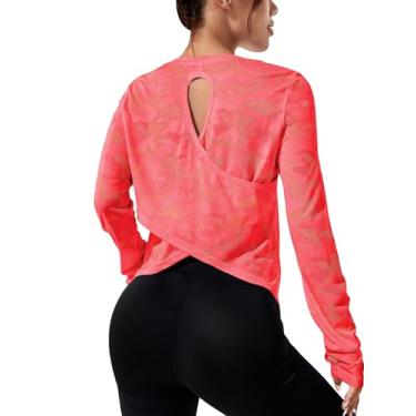 Imagem de SweatyRocks Camiseta feminina leve de manga comprida para treino esportivo esportivo com costas cruzadas nas costas para ioga, Rosa coral, G