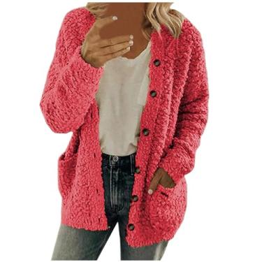 Imagem de Casaco feminino de ovelha com botões e manga comprida, cor sólida, agasalho, plus size, casaco casual de inverno, rosa, M