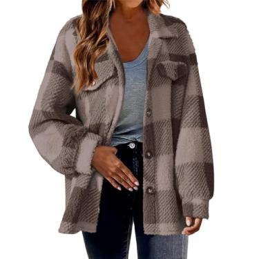 Imagem de Casaco feminino xadrez felpudo casual lapela manga longa botão casaco feminino inverno quente grosso aconchegante jaqueta de lã sherpa, 01 café, 4G