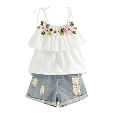 Imagem de Beziun Camiseta floral bordada para meninas, shorts jeans rasgados, alças finas, verão, casual, 2 peças, Branco, 4-5 Anos