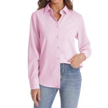 Imagem de J.VER Camisa feminina de botão manga longa sem rugas leve de chiffon sólido blusa de trabalho, Rosa claro, M