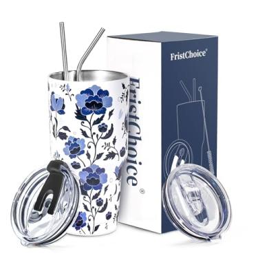 Imagem de FristChoice Copo de 850 g com tampas e canudos, copo isolado de parede dupla, copo a vácuo de aço inoxidável, caneca de café de viagem revestida a pó para bebidas frias e quentes, porcelana azul e