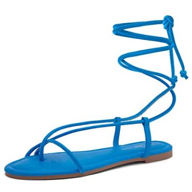 Imagem de Shoe Land SL-Auday Sandália feminina de bico aberto com cadarço, casual, tira no tornozelo, Azul-real, 6