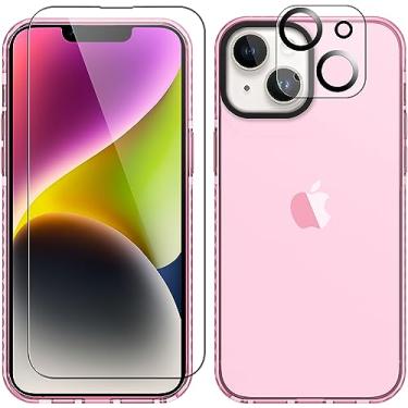 Imagem de ROYBENS Capa para iPhone 15, capa de telefone transparente com protetor de tela de vidro + acessórios de protetor de lente de câmera para mulheres meninas, capa protetora fina de silicone fofa para 15 6,1 polegadas, rosa