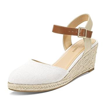 Imagem de PIZZ ANNU Sandálias femininas de salto anabela baixo com fivela e tira no tornozelo com bico fechado casual elegante sapatos plataforma de verão, Branco, 9