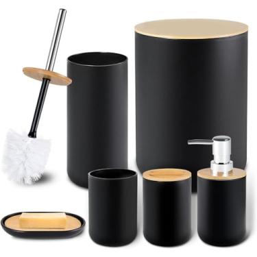 Imagem de Kit Completo De Banheiro Bambu 6 Peças Conjunto Acessórios De Banheiro Design Moderno Jogo Para Lavabo Lixeira Grande Praticidade Design Moderno (Kit Preto)