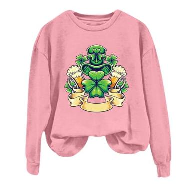 Imagem de Camiseta feminina de manga comprida do Dia de São Patrício com estampa de bandeira irlandesa verde camisetas básicas de verão, rosa, M