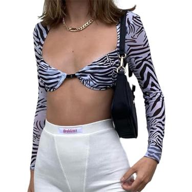 Imagem de Remidoo Camiseta feminina sexy gola coração malha transparente manga longa cropped, Estampa de zebra, M