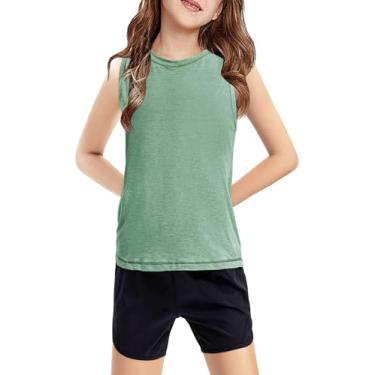 Imagem de Haloumoning Camiseta regata infantil sem mangas atlética leve linda verão roupa de dança 5-14 anos, Verde, 13-14 Anos
