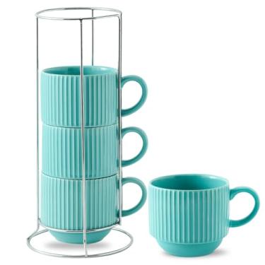 Imagem de Hasense Conjunto de 4 canecas de café de 4 ml com suporte - Conjunto de copos de café com nervuras grandes empilháveis de cerâmica para cappuccino, chá, cacau quente, bebidas - Seguro para lava-louças