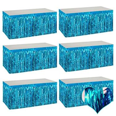 Imagem de Pacote com 6 saias de mesa com franjas metálicas azul lago 73 x 273 cm para cortinas de guirlanda de serpentina para desfile boias de casamento chá de bebê aniversário Natal decoração de festa de Halloween