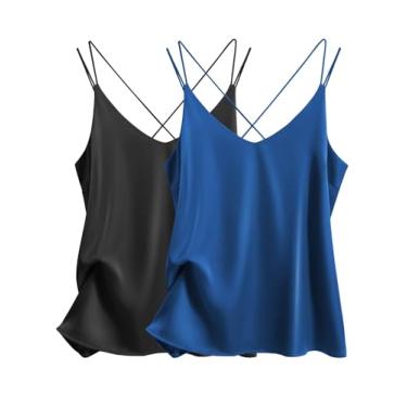 Imagem de Ekouaer Camiseta regata feminina de cetim de seda com decote em V, alças finas, costas cruzadas, sem mangas, Preto + azul snorkel, G