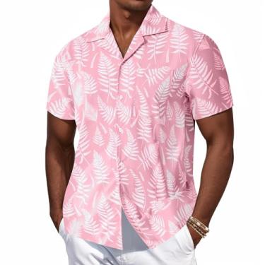 Imagem de Camisas havaianas masculinas Aloha floral tropical verão praia manga curta camisas de botão com bolsos, rosa, G