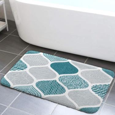 Imagem de JAWO Tapete de banho Paisley azul-petróleo e cinza para banheiro, cinza boêmio, branco, chique, padrões geométricos, tapetes antiderrapantes, acessórios de decoração moderna, 43 x 73 cm, cozinha,