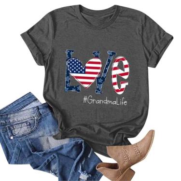 Imagem de Camisetas femininas com bandeira americana, manga curta, estampa Love Grandma Life, Dia da Independência, patriótica, casual, caimento solto, Cinza escuro, XX-Large
