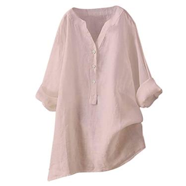 Imagem de Camisas de linho femininas de verão 2024, blusas de botão, gola V, cor sólida, casual, folgada, túnica de trabalho clássica, rosa, M
