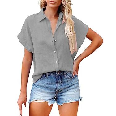 Imagem de Camisas de linho para mulheres, manga raglan, negócios, casual, gola V, manga curta, blusa, túnica, verão, Cinza, P