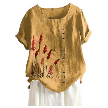 Imagem de Lainuyoah Camisetas vintage femininas modernas de linho de algodão boho manga enrolada gola redonda casual estampada/bordado blusa verão, C, amarelo, XXG