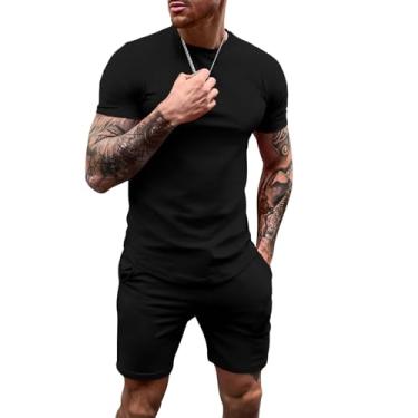 Imagem de Uni Clau Conjuntos masculinos de manga curta, camisetas e shorts combinando casual, roupas de verão, Preto, M