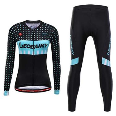 Imagem de Camisetas femininas de ciclismo - outono e inverno manga comprida roupas de ciclismo tops e calças, além de veludo, manter quente, azul, 2GG