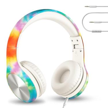 Imagem de LilGadgets Fones de ouvido com fio Over-Ear para crianças – Connect+ Pro Tie-Dye Rainbow com microfone e conector de 3,5 mm – Volume limitado de 93 dB, SharePort e fones de ouvido escolares dobráveis