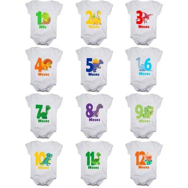 Imagem de Kit 12 Body Bebê Mesversario Manga Curta Dinossauros 1 A 12 Meses-Unissex