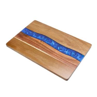 Imagem de Tábua de charcutaria de resina de madeira de acácia, 35 x 23 cm, resina expóxi azul oceano padrão onda padrão para cozinha e minibar, placa reversível para carne, queijo, pão, legumes, frutas
