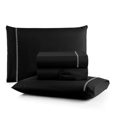 Imagem de Jogo de Cama de Lençol Casal Queen, 600 Fios, Percal, 4 Peças, Ponto Palito, Aba Americana, Antiácaro, Anti-pilling, Toque Macio, Elástico Toda Volta (Preto)