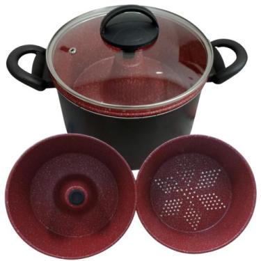 Imagem de Panela Antiaderente Vermelho e Preto 3x1 Espagueteira Pudim Cuscuz Vap