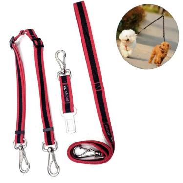 Imagem de Guia Dupla Ajustável 2 cães + Adaptador Cinto Segurança + Guia de Cond
