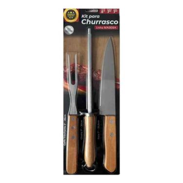 Imagem de Kit Para Churrasco Garfo Chaira  e Faca Linha Madeira e inox - Só qual