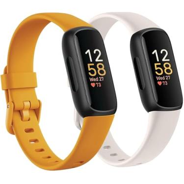 Imagem de Pacote com 2 pulseiras de substituição compatíveis com Fitbit Inspire 3 para mulheres e homens, macia, respirável, esportiva, ajustável, Fitbit Inspire, grande de 18 a 22 cm, Starlight/laranja