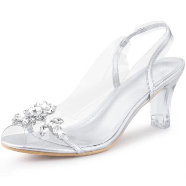 Imagem de Perphy Sandália feminina de vidro Cinderela de salto grosso transparente com strass e flor Peep Toe, Prata, 34
