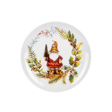 Imagem de Ganz Decoração de mesa de Natal festiva do meio-oeste, vermelho rosado e verde, 15 cm de diâmetro, prato de cerâmica para servir, gnomo da floresta