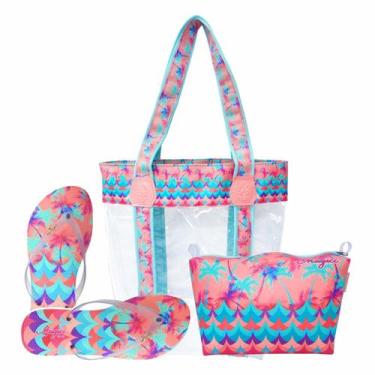 Imagem de Kit Feminino Praia Transparente Coqueiros Chinelo Necessaire Magicc Bo