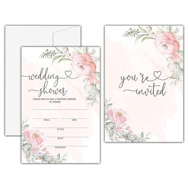 Imagem de Convites para chá de casamento floral rosa blush - Convites elegantes para chá de panela - Convite de brunch nupcial em aquarela - Chuveiro de casais com rosas rosas empoeiradas, suprimentos de festa